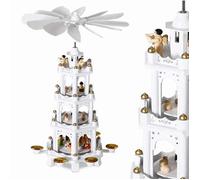 Pyramide de Noël en Bois véritable Blanc Peint à la Main 12 hélices 6 bougeoirs décoratifs Figurines 4 étages noël Personnages