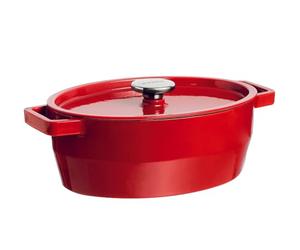 Pyrex - Cocotte En Fonte Ovale Rouge 29 cm - Cocotte avec Couvercle à Arrosage Intégré - Fonte émaillée Hautement Résistante - Polyvalente et Compatible Tous Feux - Ustensile de Cuisine - SlowCook