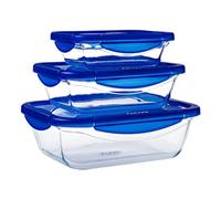 PYREX Cook & Go - Lot de 3 LunchBox Rectangulaires - 0.8L, 1.9L, 3.5L - Verre Borosilicate - Compatible four, micro-ondes et lave-vaisselle - Made in France