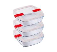 Pyrex Cook & Heat - Lot de 3 Boites Carrées Identiques - 1L - Verre Borosilicate - LunchBox - Couvercle Hérmétique spécial Micro-Onde - Made in France