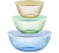 Pyrex Ensemble complet de 6 bols à mélanger sculptés en verre teinté avec couvercles pour économiser de l'espace pour la préparation et la pâtisserie, 1,3 l, 2,3 l et 4,5 l