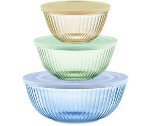 Pyrex Ensemble complet de 6 bols à mélanger sculptés en verre teinté avec couvercles pour économiser de l'espace pour la préparation et la pâtisserie, 1,3 l, 2,3 l et 4,5 l