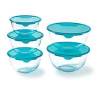 Pyrex - Lot de 5 Bols/Saladiers avec Couvercles - 1x0,5L + 2x1L + 2x2L - Verre Borosilicate - Extrême Résistance - Compatible Lave-Vaisselle - Made in France