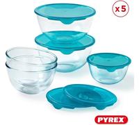 Pyrex - Lot de 5 Bols/Saladiers avec Couvercles - 2x0,5L + 1x1L + 2x2L - Verre Borosilicate - Extrême Résistance - Compatible Lave-Vaisselle - Made in France
