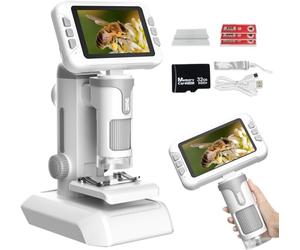 PYRODUM Microscope Enfant 1600X Grossissement avec Kit d'Expériences Scientifiques, 4" Écran IPS HD pour Photos et Vidéos, Batterie Rechargeable, Cadeau Éducatif pour Enfants de 5 à 12 Ans
