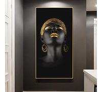 PYROJEWEL Art Africain Femme Noire avec Coiffe Dorée - Peinture sur Toile Murale Fille Africaine - Affiche Imprimée 80x160 cm sans Cadre