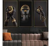 PYROJEWEL Femme Africaine Art peintures sur Le Mur Art Affiche Imprimer Mains Noires Tenant des Bijoux en Or Toile Photos décor à la Maison 50x70cmx3 sans Cadre
