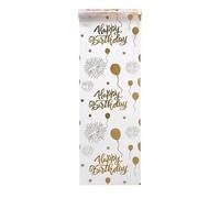 PYRUVAE Chemin de Table Anniversaire Blanc et Or 28cm x 500cm, Décoration Table Anniversaire avec Motif Joyeux Anniversaire pour Homme et Femme, Centre de Élégant pour Fête et Célébration