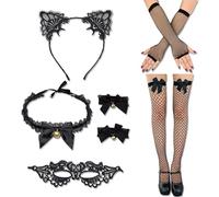 PYSEOSISE 6 Pièces Déguisement Chat Femme, Serre tete Oreille de Chat et Masque Catwoman, Chat Costume Gants en Dentelle Chaussettes à Genoux Collier Bracelet pour Halloween Carnaval Cosplay