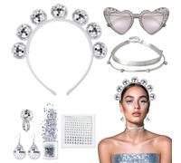 PYSEOSISE 7 Pièces Costume Boule à Facettes, Serre-Tête Boule à Facettes Femme, Accessoires Disco avec Bandeau Disco Boucles d'Oreilles Bague Collier Lunettes et Paillettes pour Deguisement Disco