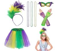 PYSEOSISE Accessoires de Costume de Mardi Gras, Bandeau à Plumes Tutu Masque Gants Résille Collier de Perles, Serre-tête Mardi Gras Accessoires de Déguisement pour Femme Carnaval