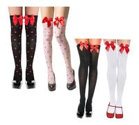 PYSEOSISE Chaussettes Hautes Saint Valentin, 4 Paires Bas Overknee avec Nœud et Cœurs, Chaussettes Thigh High à Cœur Accessoires de Costume Cupidon pour Femme 32-38