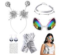 PYSEOSISE Costume Alien Femme, 6 Pièces Accessoires Alien, Serre-Tête Alien avec Collier Boucles d’Oreilles Lunettes Gants Argentés et Autocollants Strass pour Carnaval Mascarade Fête