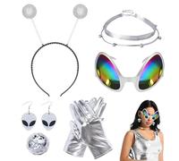 PYSEOSISE Costume d'Alien pour Femme, 6 Pièces Alien Costume Accessories, Deguisement Alien avec Bandeau Lunettes Gants Boucles d'oreilles Collier pour Femme Halloween Fête Cosplay