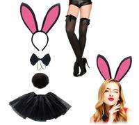 PYSEOSISE Costume de Lapin Femmes, 5 Pièces ccessoire de Déguisement de Lapin, Oreilles Serre-Tête Queue etNœud Papillon Tutu Bas Résille pour Cosplay Fetes