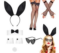 PYSEOSISE Costume de Lapin Femmes, 7 Pièces Accessoire de Déguisement de Lapin, Bandeau Oreilles de Lapin et Queue Nœud Papillon Poignets Gants Chaussettes pour Cosplay Fetes