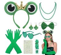 PYSEOSISE Costume Grenouille Femme, 8 Pièces Accessoires Roi Grenouille, Serre Tête Grenouille Boucles Oreilles Collier Noeud Papillon Lunettes Gants et Paillettes pour Carnaval Fasching
