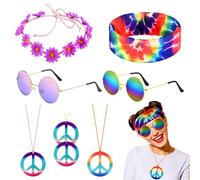 PYSEOSISE Costume Hippie Set, 7 Pièces Vintage Accessoires Hippie, 60s 70s Accessoires avec Bandeau de Fleurie Bandana Batik Lunettes de Soleil Rondes Collier Signe de Paix
