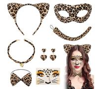 PYSEOSISE Costume Léopard Femme, Set Costume Léopard 7 Pièces, Serre-Tête Oreilles Léopard Queue Nœud Papillon Masque Collier Boucles d’Oreilles Stickers Tattoo Carnaval Cosplay Fête