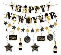 PYSEOSISE Décoration du Nouvel An 2026, 10 pièces décoration de fin d'année, noir et doré Happy New Year Guirlande étoile pour la maison, intérieur et extérieur, fête heureuse année