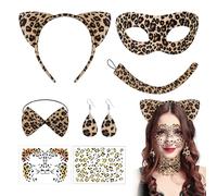PYSEOSISE Déguisement Léopard, 7 Pièces Costume Léopard Femme, Bandeau Oreilles de Léopard avec Queue Nœud Papillon Masque Tatouage de Visage pour Halloween Carnaval Cosplay Fête