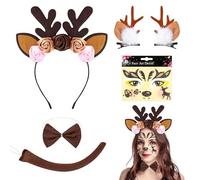PYSEOSISE Déguisement Renne Femme, 5 Pièces Déguisement de Bois de Cerf, Bandeau en Bois de Cerf Pinces Cheveux de Renne avec Queue Nœud Papillon Tatouage de Visage pour Cosplay Fête