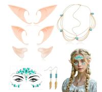 PYSEOSISE d'oreilles d'Elfe, 6 Pièces Costume d'Elfe Femme, Inclure 3 Paires Oreille Elfe et Elfe Bandeau Boucles d'oreilles Autocollants en Strass de Visage pour Halloween Cosplay Fête
