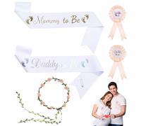 PYSEOSISE Écharpe Baby Shower, 5 Pièces Set Écharpes de Fête, Écharpe Mommy to Be Daddy to Be avec Badge et Couronne Fleurie Serre-Tête pour Décoration Baby Shower