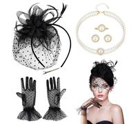 PYSEOSISE Fascinator pour Femmes, 5 Pièces Fascinator Chapeaux Set, Vintage Chapeau Fascinateur Noir avec Gants Boucles d'oreilles Collier pour Mariage Cocktail Tea Party Saint