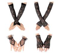 PYSEOSISE Gants en Dentelle, 4 Paires Gants Sans Doigts, Élégant Mitaines en Dentelle Noir Gants en Résille pour Femme Halloween Mascarades Mariage Opéra Bal