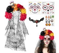 PYSEOSISE Halloween Jour des Morts Bandeau, Serre-Tête Jour des Morts avec Voile, Halloween Bandeau avec Colliers et Tatouages Faciaux pour Femme Carnaval Mascarade Cosplay