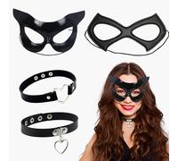 PYSEOSISE Masque Catwoman et Collier Set, 4 Pièces Costume de Chat pour Femme, Masque de Chat Collier Cuir Réglable Déguisement Chat Femme pour Halloween Carnaval Cosplay Fête