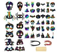 PYSEOSISE Papier a Gratter Halloween, 48 Pièces Halloween Cartes à Gratter, Masques à Gratter Scratch Art d'halloween avec Rubans pour Fête de Carnaval des Adultes