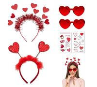 PYSEOSISE Serre-Tête Cœur Rouge, Bandeau Cœur Saint Valentin, 2 Pièces Serre Têtes Cœurs 2 Paires Lunettes Cœur et Tatouages Temporaires pour Saint Valentin Carnaval