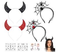 PYSEOSISE Serre Tete Halloween, 4 Pièces Halloween Bandeau avec AraignéE Tatouage, Serre-Tete Araignée Serre-tête Cornes de Diable pour Femme Carnaval Mascarade Cosplay Dress-Up