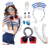 PYSEOSISE Serre-tête Marin avec Casquette, 6 Pièces Costume Marin Femme, Serre-Tête Casquette Marin Foulard Marin Lunettes de Soleil Gants Blancs Boucles d'Oreilles Ancre et Broche pour Party