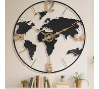 Pytha Sight 76 cm Grande Horloge Murale Décorative Moderne en Métal avec Carte du Monde pour la Décoration du Salon, Énorme Horloge Murale Vintage Extra en Or avec Chiffres Romains