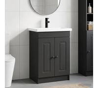 Pyvara Ensemble de meubles de salle de bain en bois noir, 56 x 37,5 x 81 cm, avec lavabo et robinet, armoire de salle de bain avec espace de rangement, étagère, porte et étagère pour invités WC et
