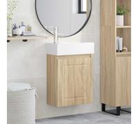 Pyvara Meuble de salle de bain avec lavabo et robinet mitigeur en chêne Sonoma - Montage mural - Beaucoup d'espace de rangement - Porte réversible - Ensemble de meubles de salle de bain moderne pour