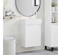 Pyvara Meuble de salle de bain blanc avec lavabo et robinet, montage mural avec espace de rangement, porte réversible, meuble de lavabo en céramique pour invités WC et buanderie