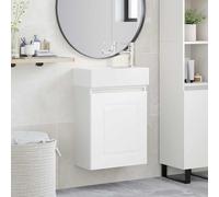 Pyvara Meuble sous lavabo de salle de bain blanc avec robinet, lavabo en céramique 45,5 x 22,5 x 84 cm, montage mural, avec espace de rangement, porte réversible, meuble de salle de bain pour invités