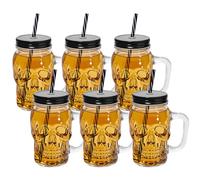 PYVYLO Lot de 6 bocaux Mason en verre avec poignée - 473 ml - Avec couvercle et paille - Pour décoration d'Halloween