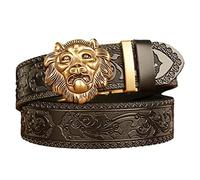 PYWJGZSX Ceinture, Ceinture Pour Hommes, Ceinture Habillée À Cliquet Pour Hommes Avec Décoration de Tête D'Animal, Boucle À Clic Automatique Stéréo, Ceinture Noire En Relief/Lion~A/120Cm/Waist:40"~42"