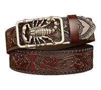 PYWJGZSX Ceinture Pour Hommes,Ceinture En Cuir de Vachette Pour Hommes,Motif 3D Scorpion Animal Ratchet Ceinture Sans Trou Coulissante Automatique Réglable À Boucles,Jeans/Denim/Brown Sier/115Cm/45.