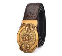 PYWJGZSX Ceinture Pour Hommes, Ceinture, Gravé Vintage Tête de Lion Doré Patte de Lion Design Automatique Slide Boucle Crocodile Ceinture En Cuir Véritable/Coffee/125Cm/Waist:43"