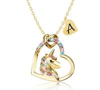 PYXC Cadeau de Saint-Valentin - Collier licorne pour filles, collier doré en forme de cœur avec initiale licorne en oxyde de zirconium coloré pour filles, cadeau d'anniversaire, 16"+2", Cuivre