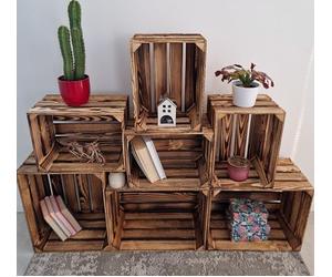 PYXIDAS Lot de 5,7,9,10,13 Incroyables caisses en Bois Solides, Finition Rustique brûlée, Petites boîtes de Rangement en Bois, caisses à Fruits et Pommes, (Lot de 7 Effet brûlé)