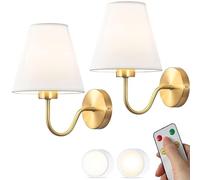PZAOJAU Applique murale à piles avec abat-jour en tissu doré vintage, ensemble de 2 appliques murales sans fil, télécommande non câblée, rechargeable par USB, pour chambre à coucher, salon, tête de li