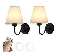 PZAOJAU Applique murale à piles noire avec abat-jour en tissu, ensemble de 2 appliques murales à piles, télécommande sans fil, lampe murale vintage de ferme, fixation murale pour chambre à coucher, sa