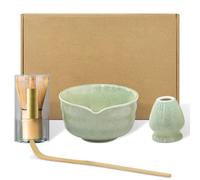 PZCC Ensemble de Matcha Japonais 4 Pièces, avec Fouet et Cuillère en Bambou, Bol Fait Main avec Bec Verseur, Support de Mélange en Céramique, Cadeaux Créatifs pour Les Amateurs de Matcha (Matcha Vert)